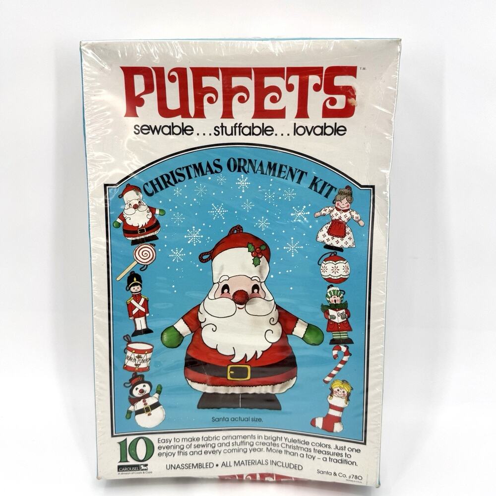 Puffets Christmas Ornament DIY Kit Vintage c. 1960 10 Fabric Ornaments Cut Out